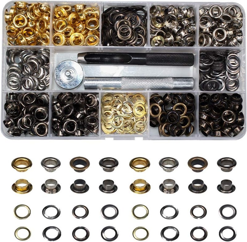 INNETOC 400 Sets 4 Color Brass Grommet Eyelets Kit Tool 6mm 1/4" Inside Diameter with Setting Tool Canvas Clothes Leather Self Backing Tool - Image 1